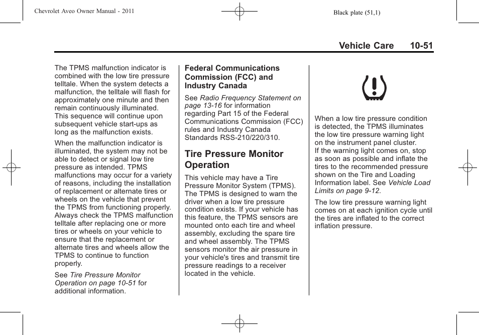 Tire pressure monitor operation, Tire pressure monitor, Operation -51 | Towing | CHEVROLET 2011 Aveo User Manual | Page 253 / 328