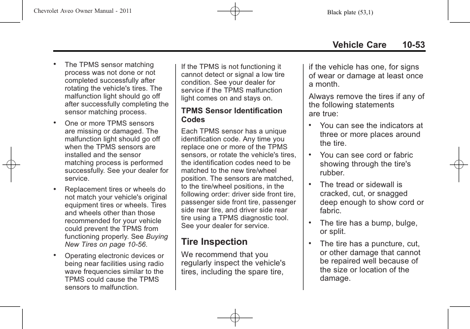 Tire inspection, Tire inspection -53, Vehicle care 10-53 | CHEVROLET 2011 Aveo User Manual | Page 255 / 328