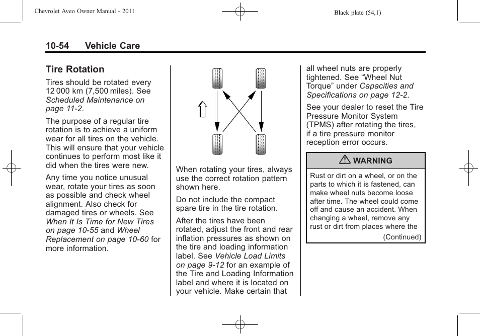 Tire rotation, Tire rotation -54 | CHEVROLET 2011 Aveo User Manual | Page 256 / 328