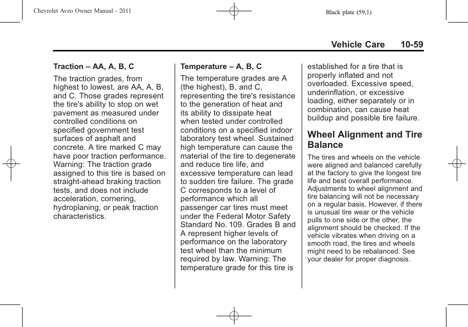 Wheel alignment and tire balance, Wheel alignment and tire, Balance -59 | CHEVROLET 2011 Aveo User Manual | Page 261 / 328
