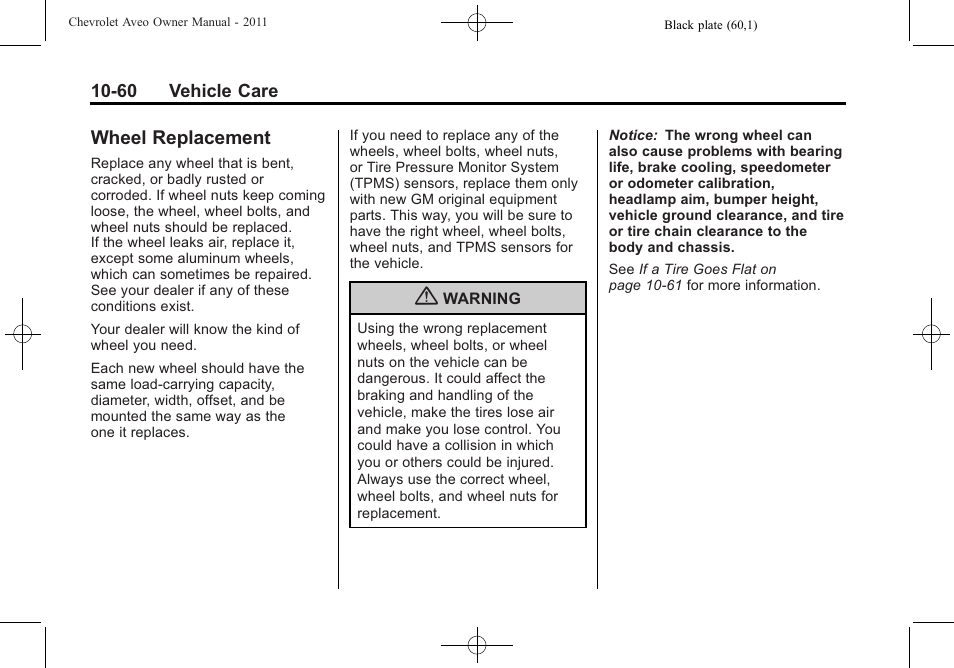 Wheel replacement, Wheel replacement -60 | CHEVROLET 2011 Aveo User Manual | Page 262 / 328