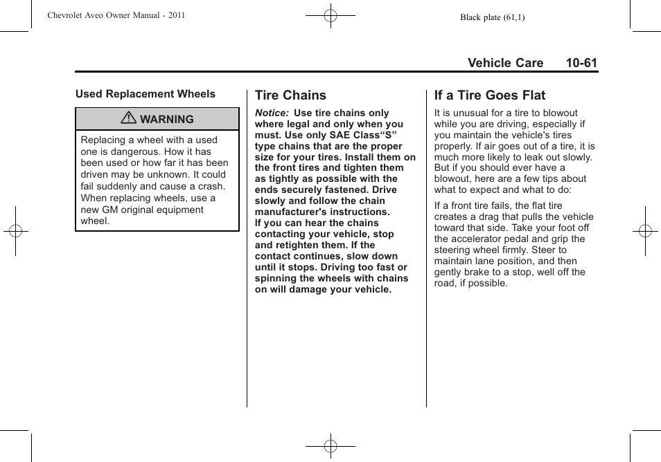 Tire chains, If a tire goes flat, Tire chains -61 if a tire goes flat -61 | CHEVROLET 2011 Aveo User Manual | Page 263 / 328