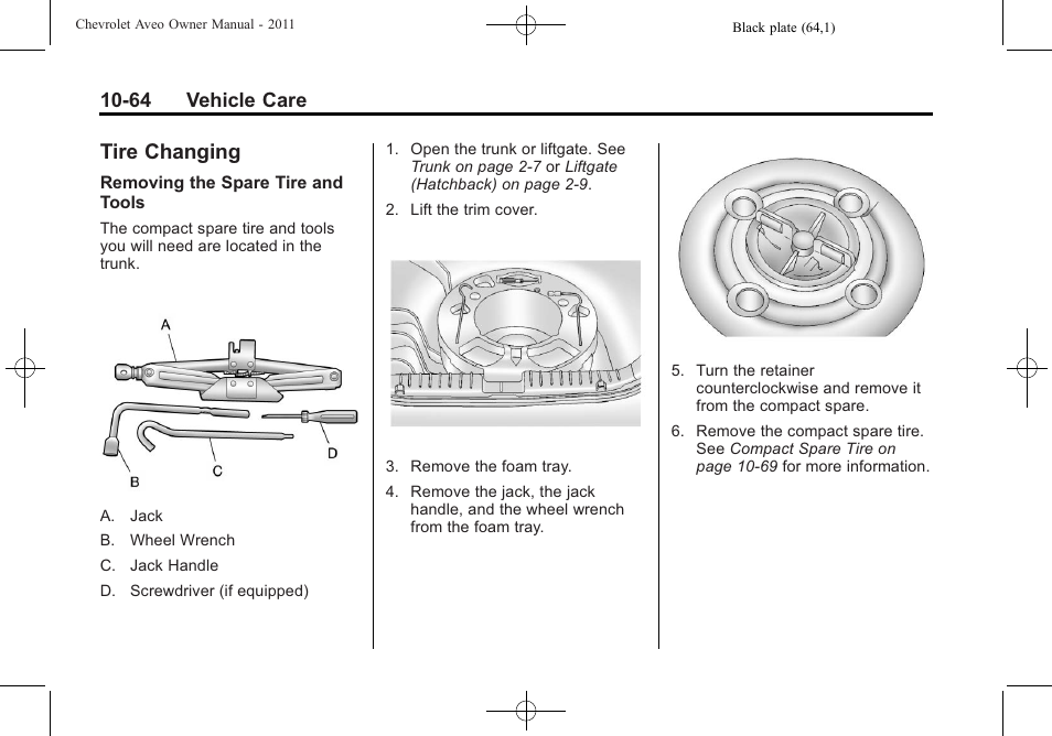 Tire changing, Tire changing -64, 64 vehicle care | CHEVROLET 2011 Aveo User Manual | Page 266 / 328