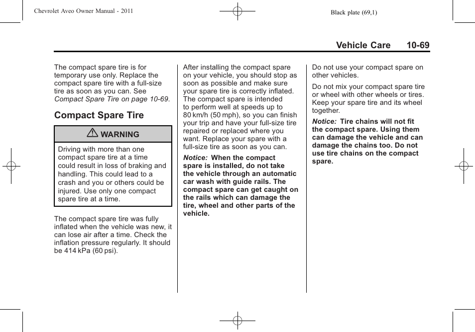 Compact spare tire, Compact spare tire -69 | CHEVROLET 2011 Aveo User Manual | Page 271 / 328