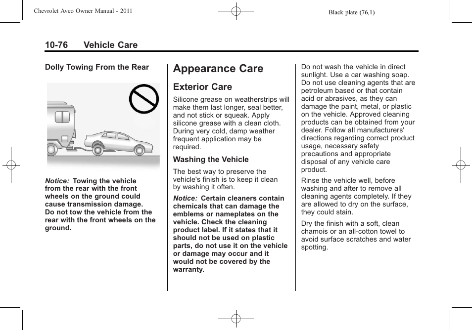 Appearance care, Exterior care, Care -76 | Exterior care -76 | CHEVROLET 2011 Aveo User Manual | Page 278 / 328