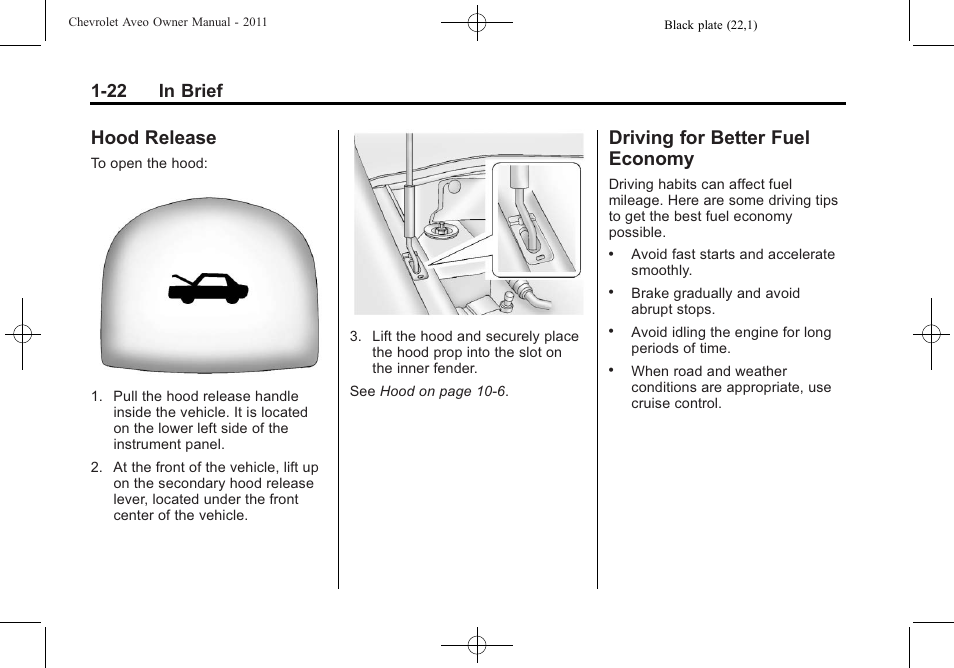 Hood release, Driving for better fuel economy, Hood release -22 driving for better fuel | Economy -22, 22 in brief | CHEVROLET 2011 Aveo User Manual | Page 28 / 328