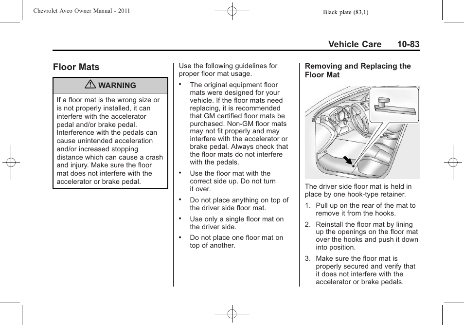Floor mats, Floor mats -83, Vehicle care 10-83 | CHEVROLET 2011 Aveo User Manual | Page 285 / 328