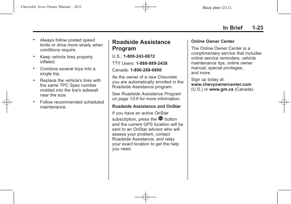 Roadside assistance program, Roadside assistance, Program -23 | CHEVROLET 2011 Aveo User Manual | Page 29 / 328