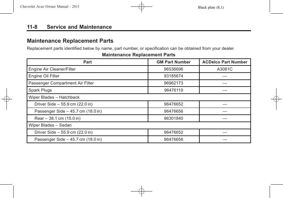 Maintenance replacement parts, Maintenance replacement, Parts -8 | 8 service and maintenance | CHEVROLET 2011 Aveo User Manual | Page 294 / 328