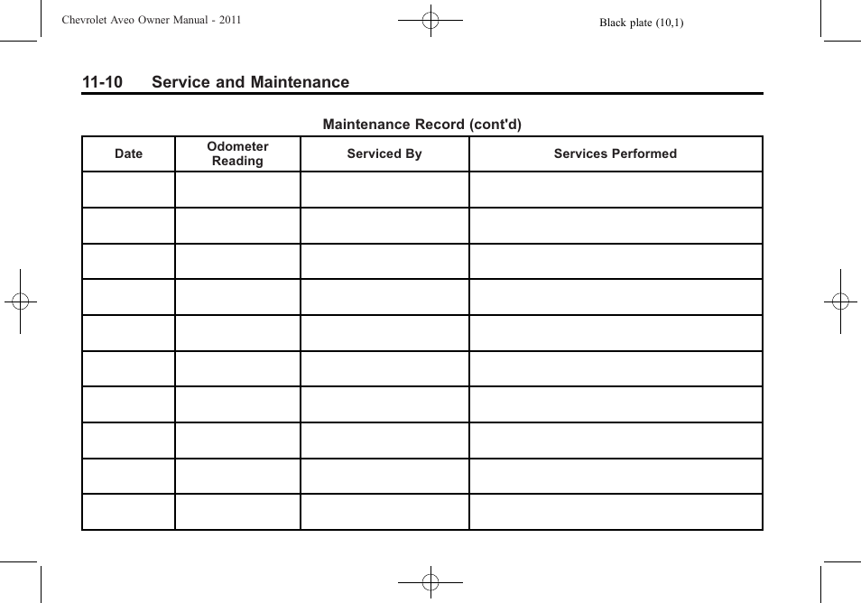 10 service and maintenance | CHEVROLET 2011 Aveo User Manual | Page 296 / 328