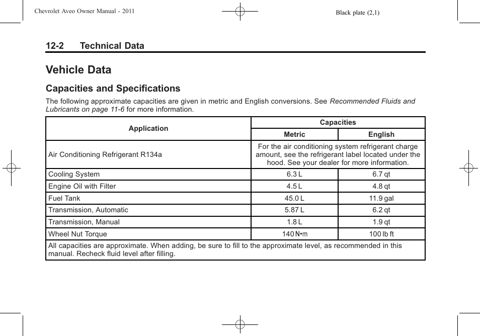 Vehicle data, Capacities and specifications, Vehicle data -2 | Capacities and, Specifications -2, 2 technical data | CHEVROLET 2011 Aveo User Manual | Page 300 / 328