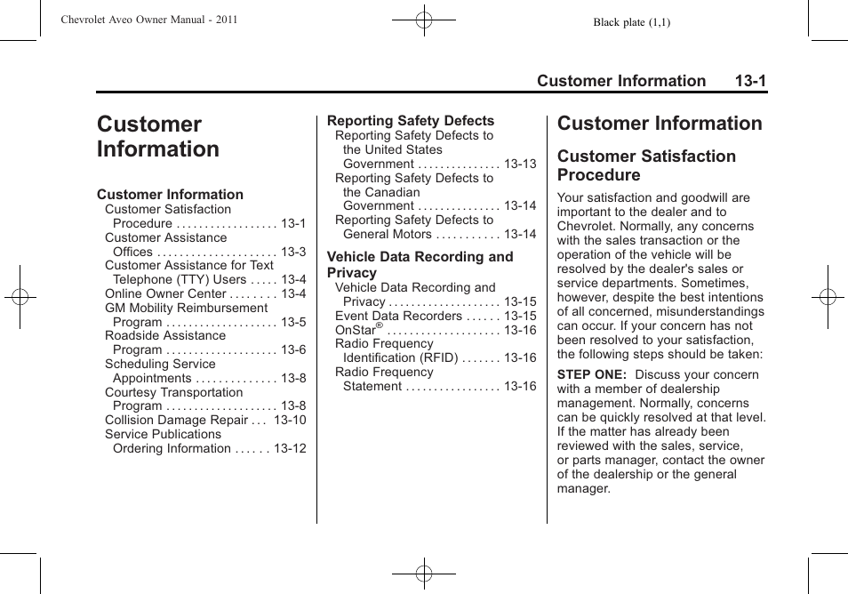 Customer information, Customer satisfaction procedure, Customer information -1 | CHEVROLET 2011 Aveo User Manual | Page 303 / 328