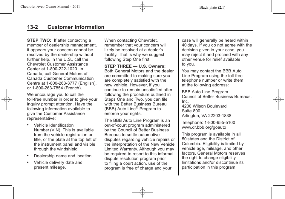 2 customer information | CHEVROLET 2011 Aveo User Manual | Page 304 / 328