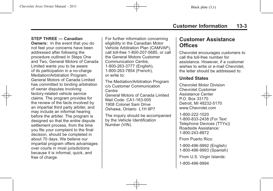 Customer assistance offices, Customer assistance, Offices -3 | Vehicle | CHEVROLET 2011 Aveo User Manual | Page 305 / 328