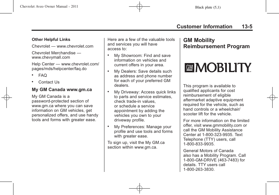 Gm mobility reimbursement program, Gm mobility reimbursement, Program -5 | Customer information 13-5 | CHEVROLET 2011 Aveo User Manual | Page 307 / 328