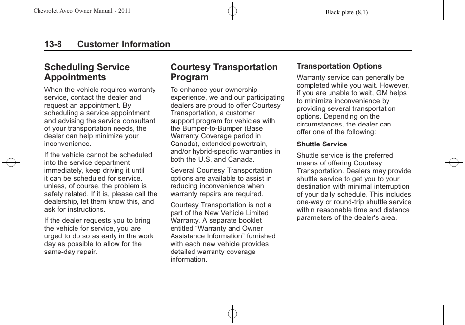 Scheduling service appointments, Courtesy transportation program, Scheduling service | Appointments -8, Courtesy transportation, Program -8 | CHEVROLET 2011 Aveo User Manual | Page 310 / 328