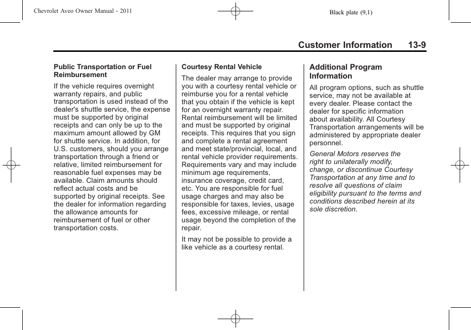 Customer information 13-9 | CHEVROLET 2011 Aveo User Manual | Page 311 / 328