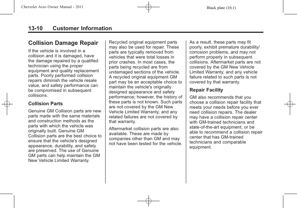 Collision damage repair, Collision damage repair -10 | CHEVROLET 2011 Aveo User Manual | Page 312 / 328