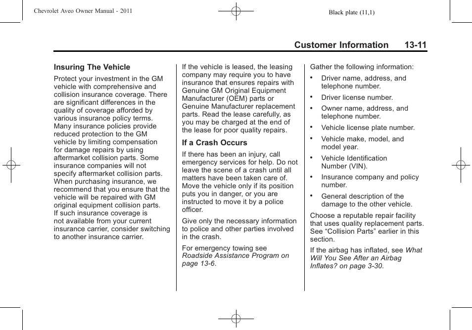 Customer information 13-11 | CHEVROLET 2011 Aveo User Manual | Page 313 / 328