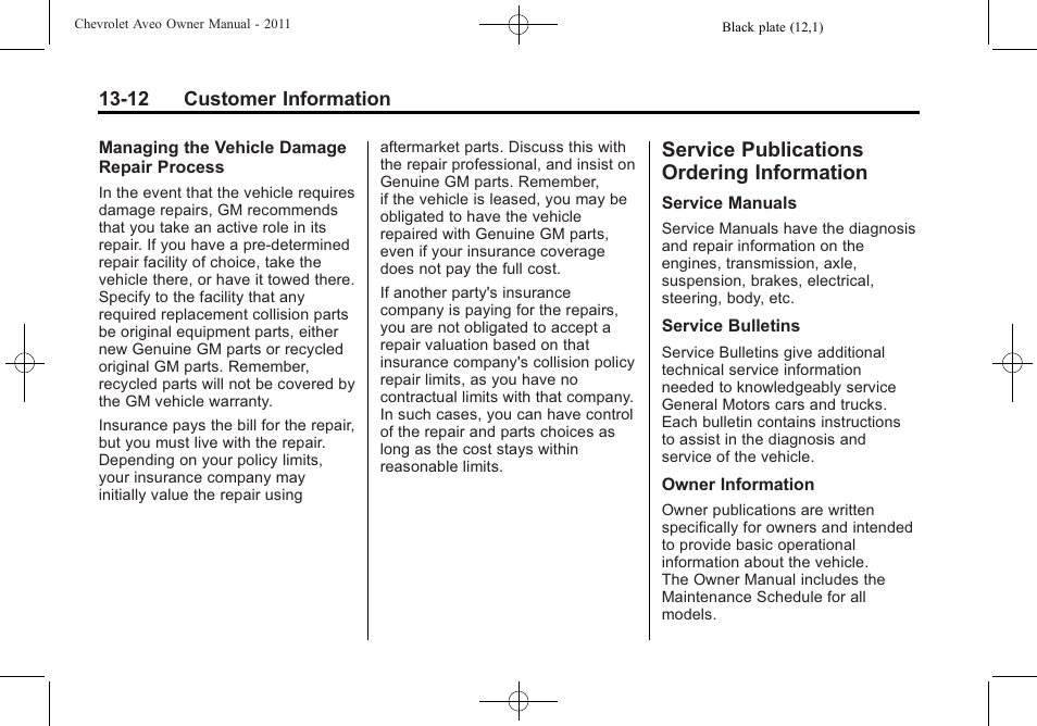 Service publications ordering information, Service publications, Ordering information -12 | CHEVROLET 2011 Aveo User Manual | Page 314 / 328