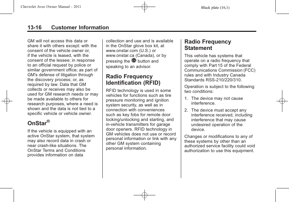 Onstar, Radio frequency identification (rfid), Radio frequency statement | Identification (rfid) -16, Radio frequency, Statement -16 | CHEVROLET 2011 Aveo User Manual | Page 318 / 328