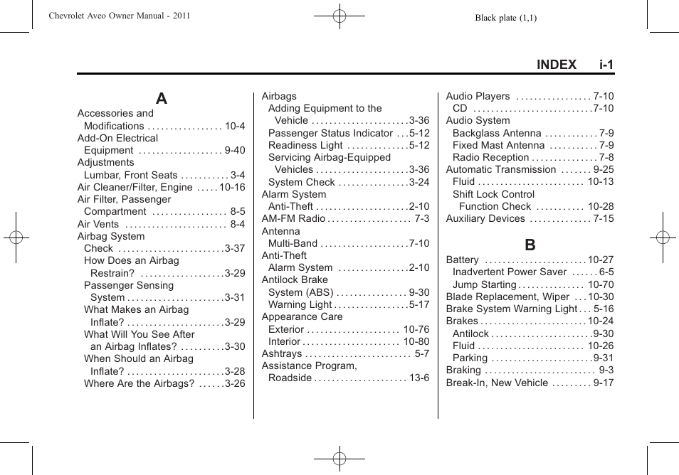 Index, Index_a, Index_b | Index i-1 | CHEVROLET 2011 Aveo User Manual | Page 319 / 328