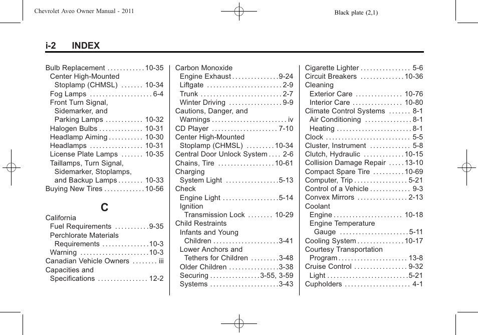 Index_c, I-2 index | CHEVROLET 2011 Aveo User Manual | Page 320 / 328