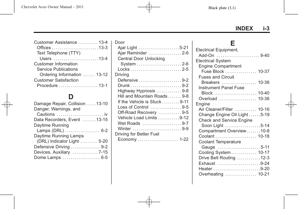 Index_d, Index_e, Index i-3 | CHEVROLET 2011 Aveo User Manual | Page 321 / 328