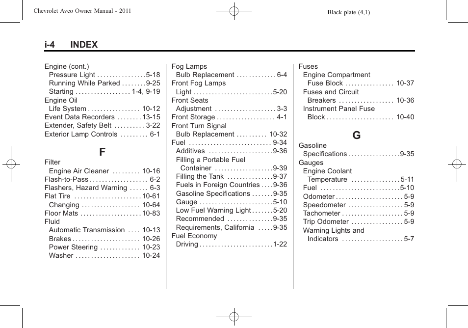 Index_f, Index_g, I-4 index | CHEVROLET 2011 Aveo User Manual | Page 322 / 328