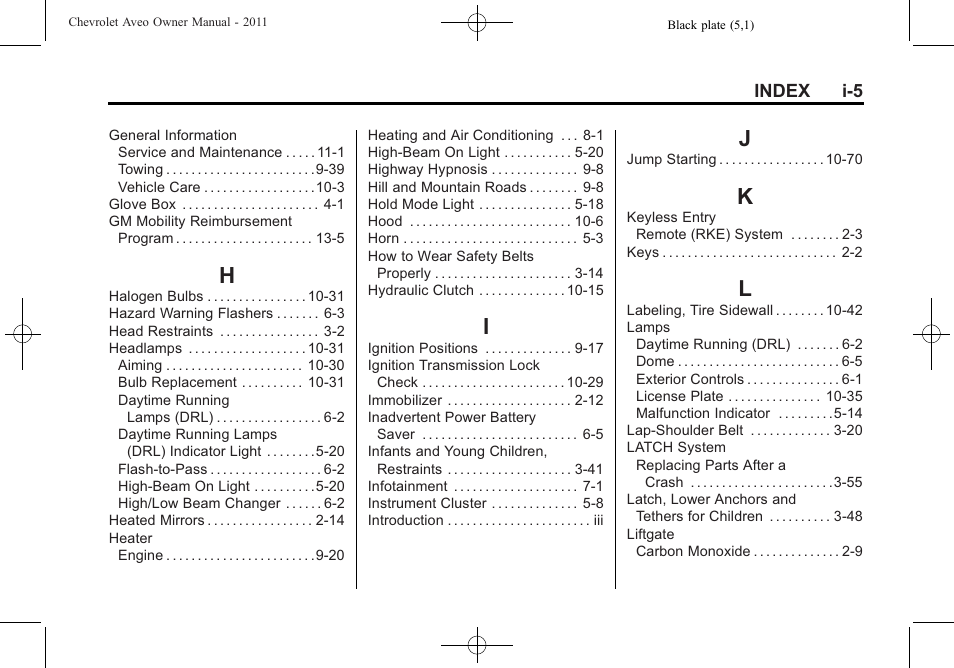 Index_h, Index_i, Index_j | Index_k, Index_l | CHEVROLET 2011 Aveo User Manual | Page 323 / 328