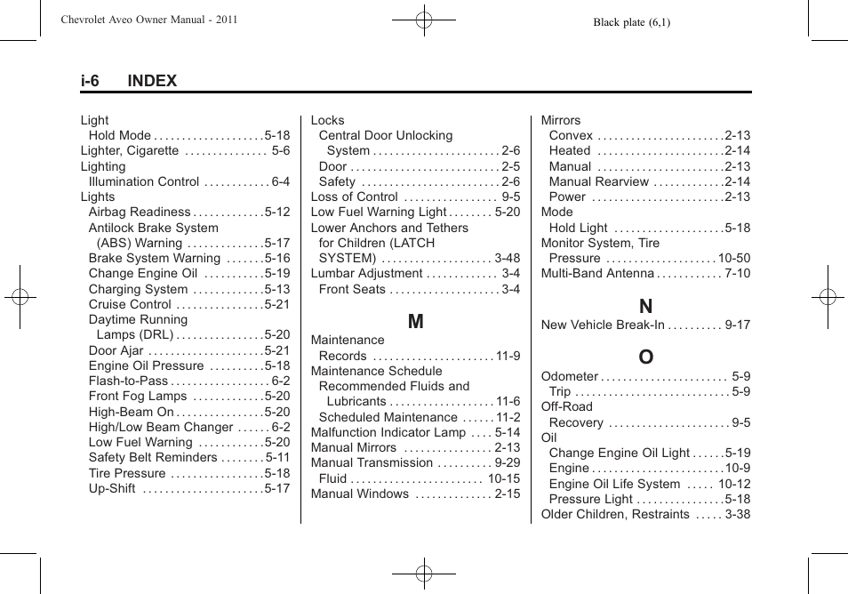 Index_m, Index_n, Index_o | CHEVROLET 2011 Aveo User Manual | Page 324 / 328