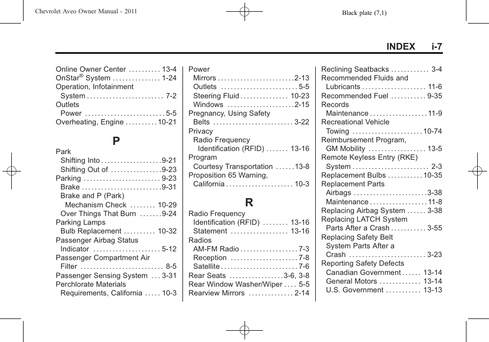 Index_p, Index_r, Index i-7 | CHEVROLET 2011 Aveo User Manual | Page 325 / 328