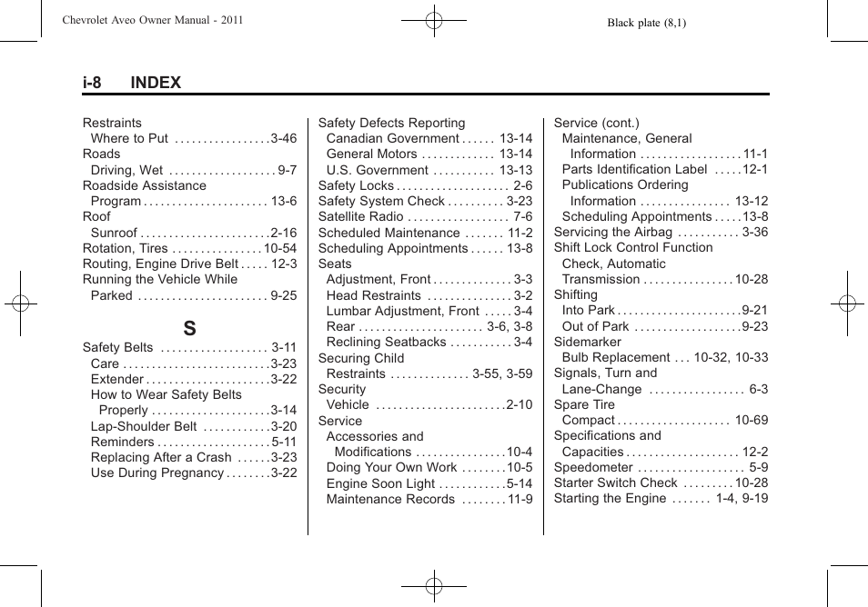 Index_s, I-8 index | CHEVROLET 2011 Aveo User Manual | Page 326 / 328