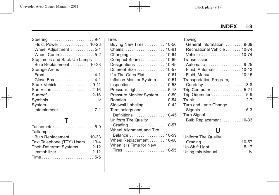 Index_t, Index_u, Index i-9 | CHEVROLET 2011 Aveo User Manual | Page 327 / 328