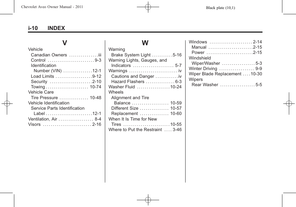 Index_v, Index_w | CHEVROLET 2011 Aveo User Manual | Page 328 / 328