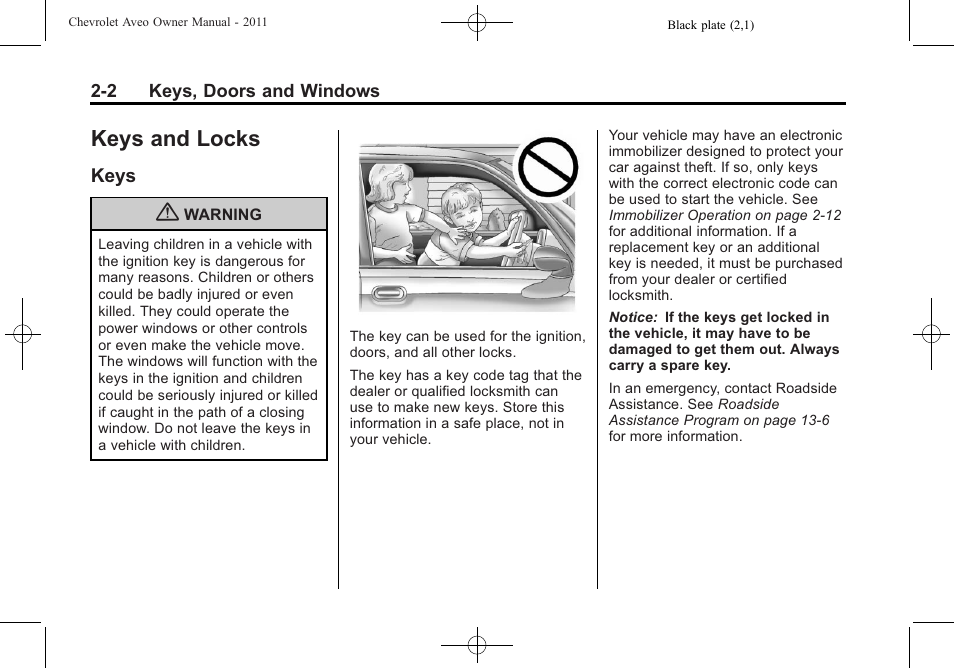 Keys and locks, Keys, Keys and locks -2 | Keys -2 | CHEVROLET 2011 Aveo User Manual | Page 34 / 328