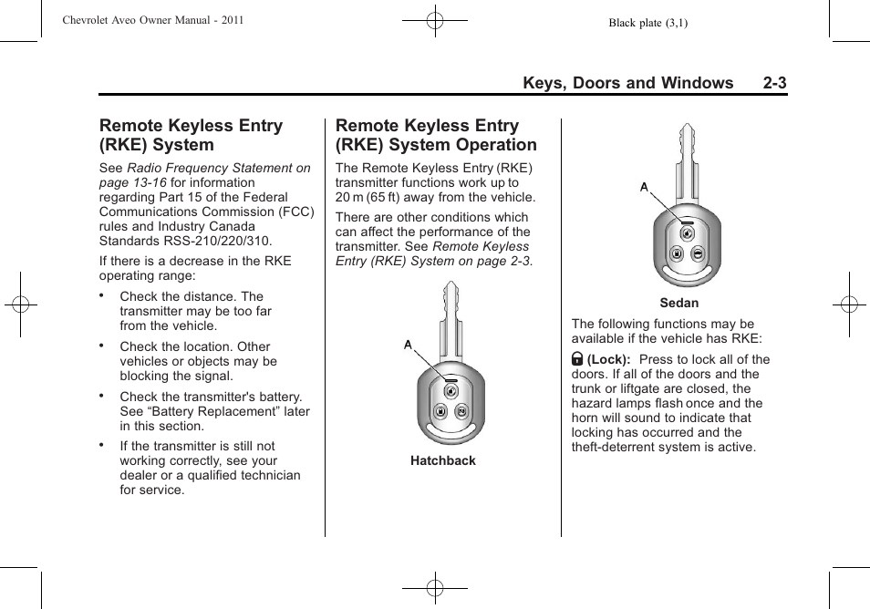 Remote keyless entry (rke) system, Remote keyless entry (rke) system operation, Remote keyless entry (rke) | System -3, System operation -3, Convex, Keys, doors and windows 2-3 | CHEVROLET 2011 Aveo User Manual | Page 35 / 328