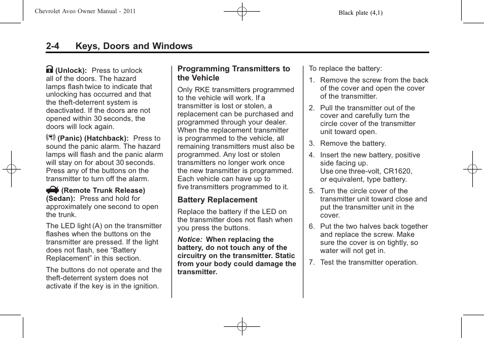 CHEVROLET 2011 Aveo User Manual | Page 36 / 328