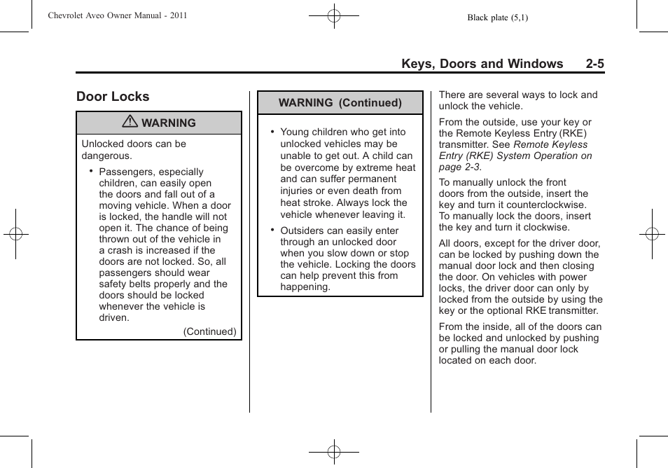 Door locks, Door locks -5, Keys, doors and windows 2-5 | CHEVROLET 2011 Aveo User Manual | Page 37 / 328