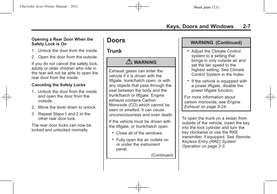 Doors, Trunk, Doors -7 | Lighting, Trunk -7, Manual, Keys, doors and windows 2-7 | CHEVROLET 2011 Aveo User Manual | Page 39 / 328