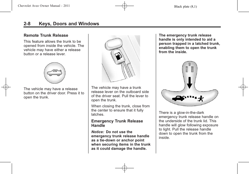 8 keys, doors and windows | CHEVROLET 2011 Aveo User Manual | Page 40 / 328