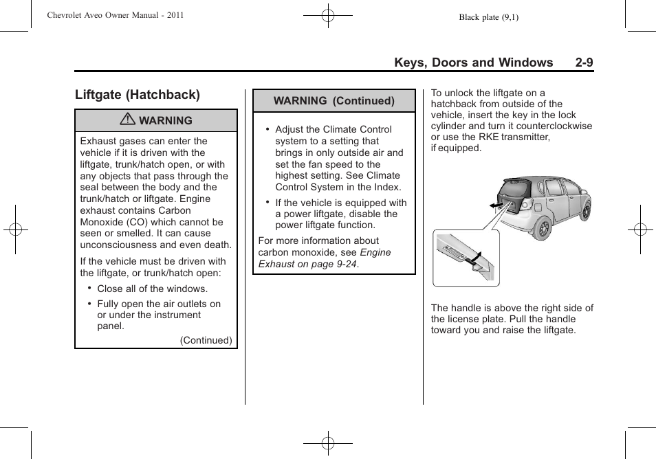 Liftgate (hatchback), Liftgate (hatchback) -9, Keys, doors and windows 2-9 | CHEVROLET 2011 Aveo User Manual | Page 41 / 328