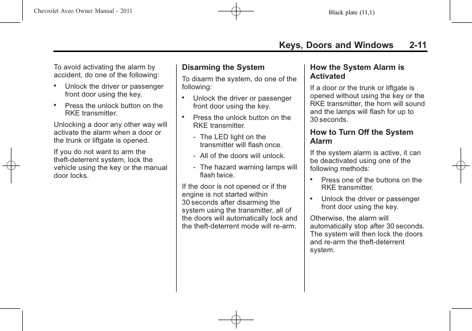 Keys, doors and windows 2-11 | CHEVROLET 2011 Aveo User Manual | Page 43 / 328