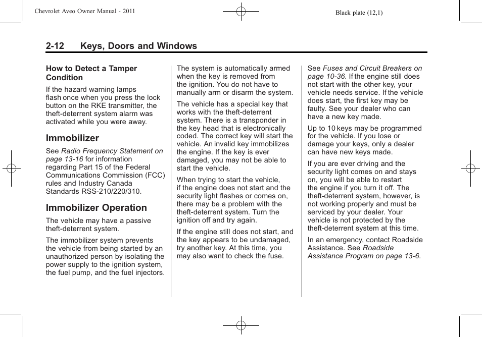 Immobilizer, Immobilizer operation, Immobilizer -12 immobilizer operation -12 | CHEVROLET 2011 Aveo User Manual | Page 44 / 328