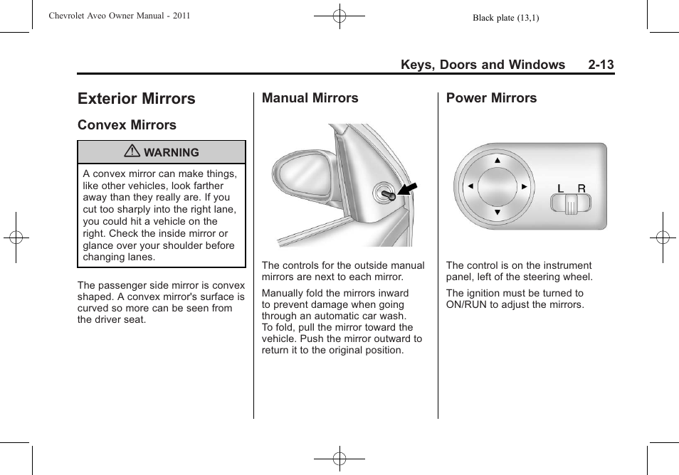 Exterior mirrors, Convex mirrors, Manual mirrors | Power mirrors, Exterior mirrors -13, Interior, Mirrors -13 manual mirrors -13 power mirrors -13 | CHEVROLET 2011 Aveo User Manual | Page 45 / 328