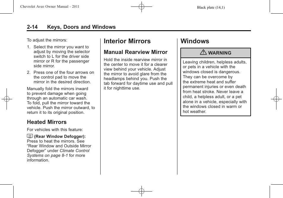 Heated mirrors, Interior mirrors, Manual rearview mirror | Windows, Interior mirrors -14 windows -14, Infotainment, Heated mirrors -14, Rearview mirror -14, Windows -14 | CHEVROLET 2011 Aveo User Manual | Page 46 / 328