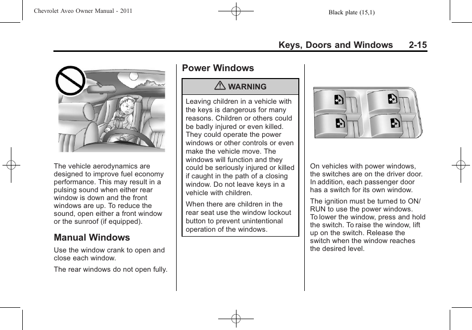 Manual windows, Power windows, Manual windows -15 | CHEVROLET 2011 Aveo User Manual | Page 47 / 328