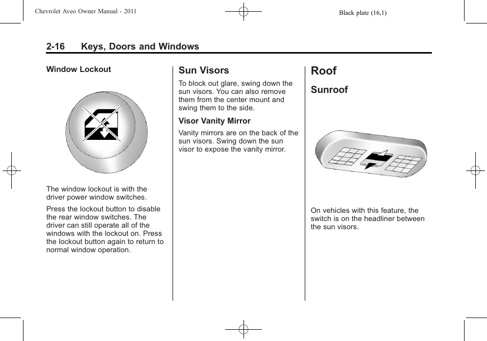 Sun visors, Roof, Sunroof | Roof -16, Introduction, Sun visors -16, Sunroof -16 | CHEVROLET 2011 Aveo User Manual | Page 48 / 328