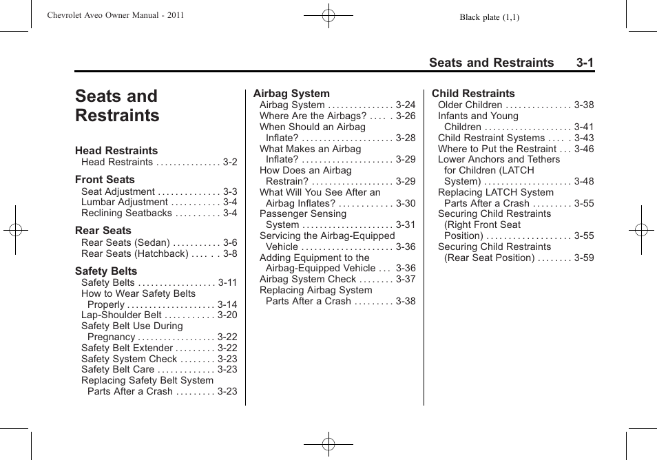 Seats and restraints, Seats and restraints -1, Seats and restraints 3-1 | CHEVROLET 2011 Aveo User Manual | Page 51 / 328