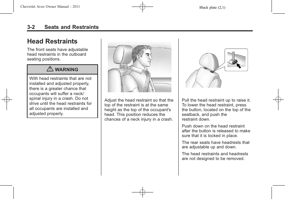Head restraints, Head restraints -2 | CHEVROLET 2011 Aveo User Manual | Page 52 / 328